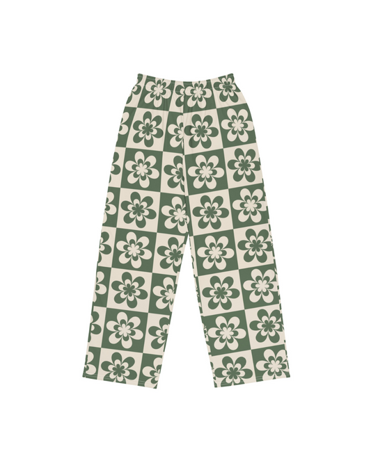 Green & Tan Flower Wide Leg Pants