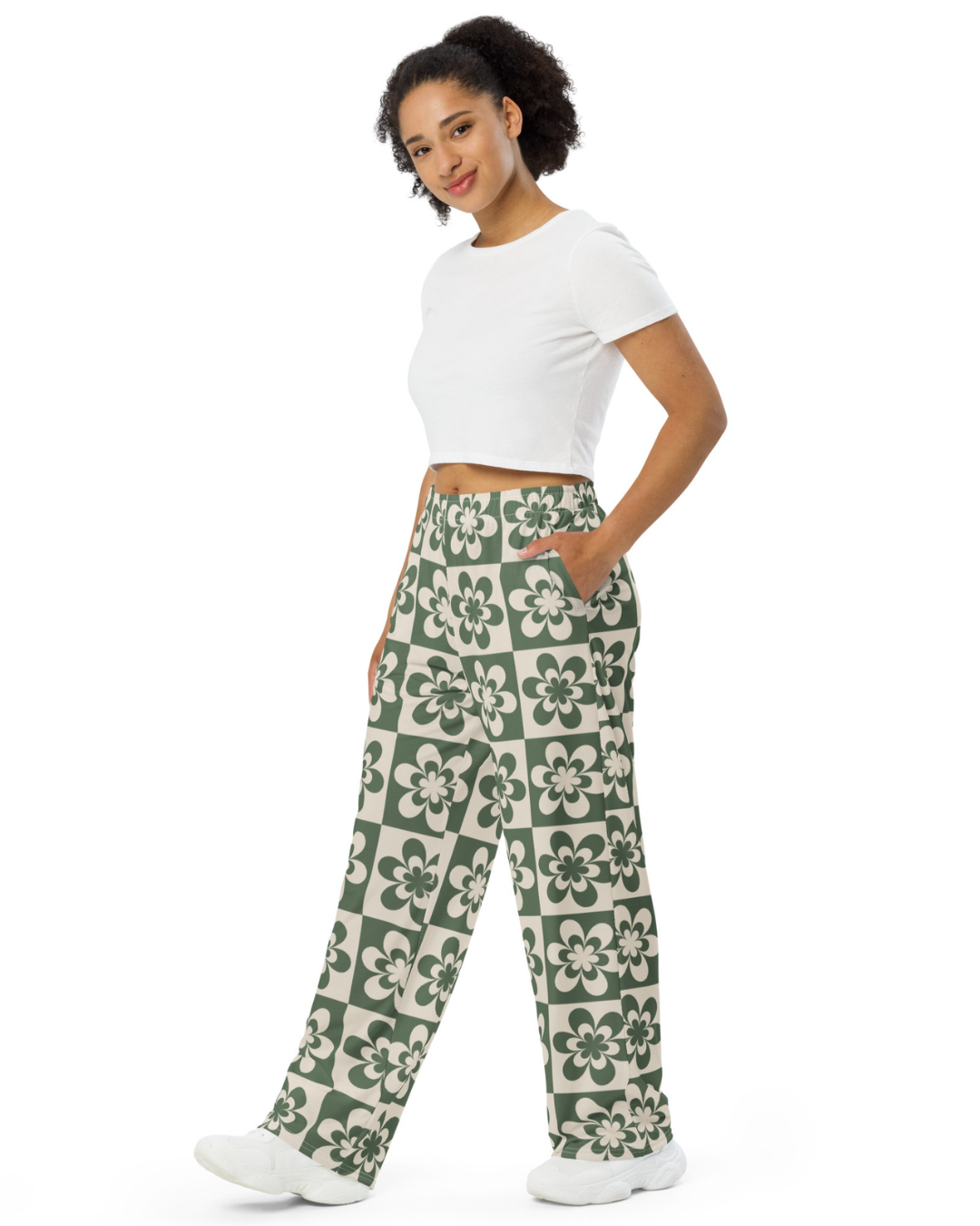 Green & Tan Flower Wide Leg Pants