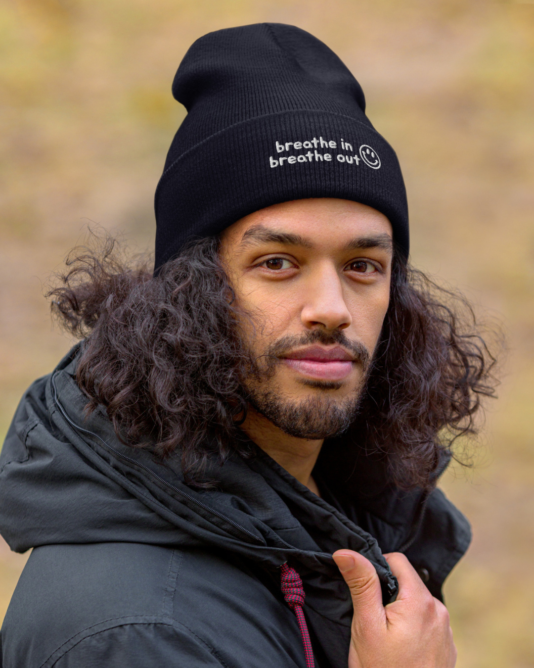 Breathe In Breathe Out Cuffed Embroidered Beanie