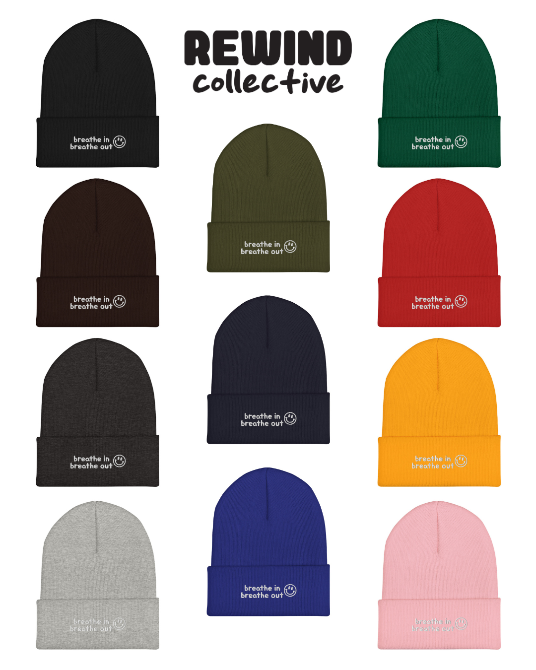 Breathe In Breathe Out Cuffed Embroidered Beanie