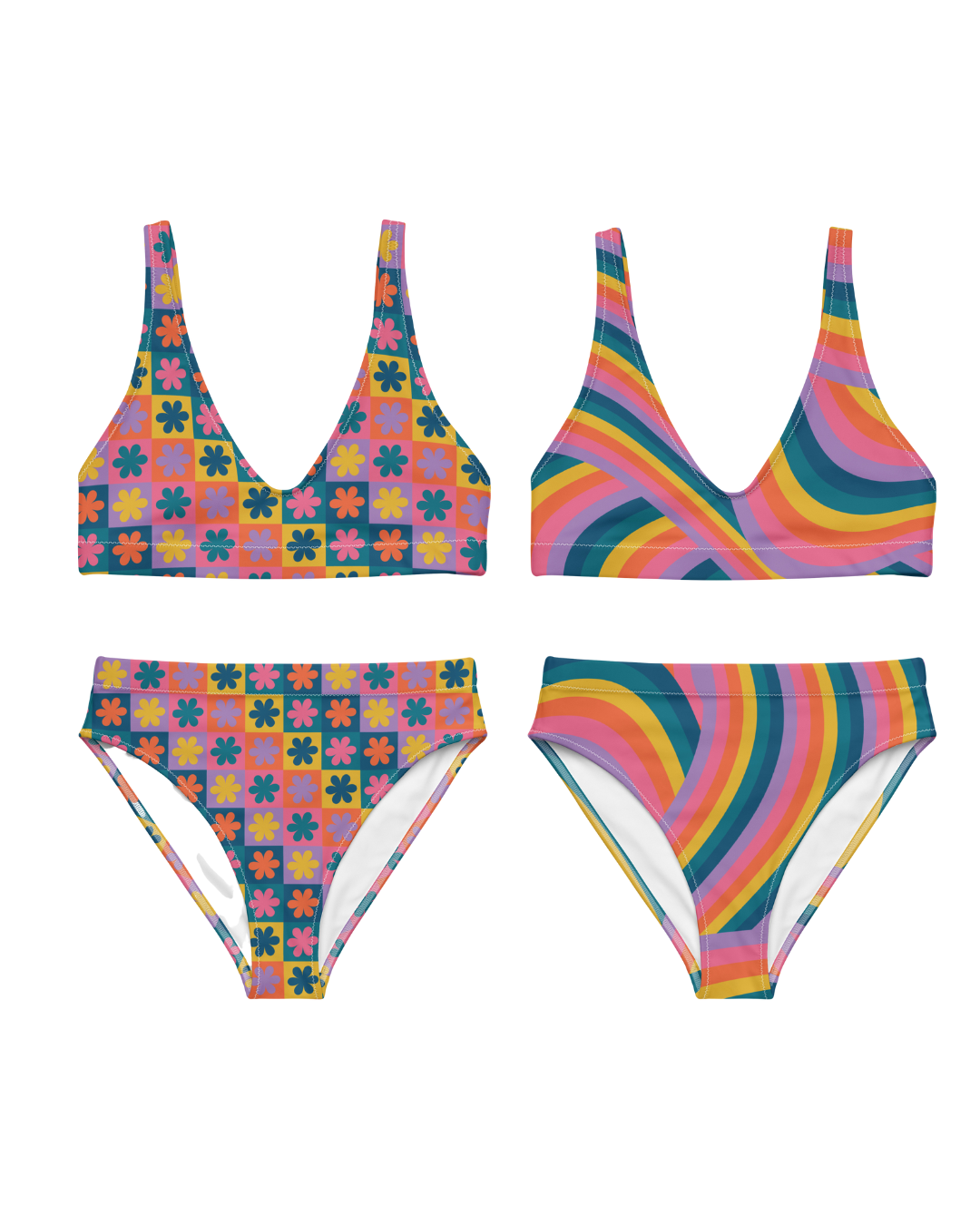 Retro Rainbow Women's Recycled High Waisted Bikini Bottoms