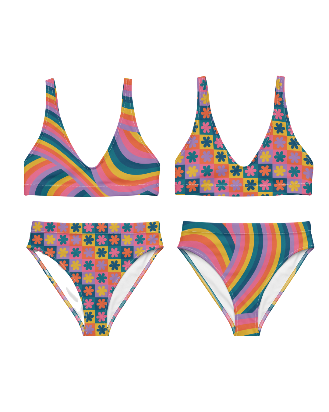 Retro Rainbow Women's Recycled High Waisted Bikini Bottoms